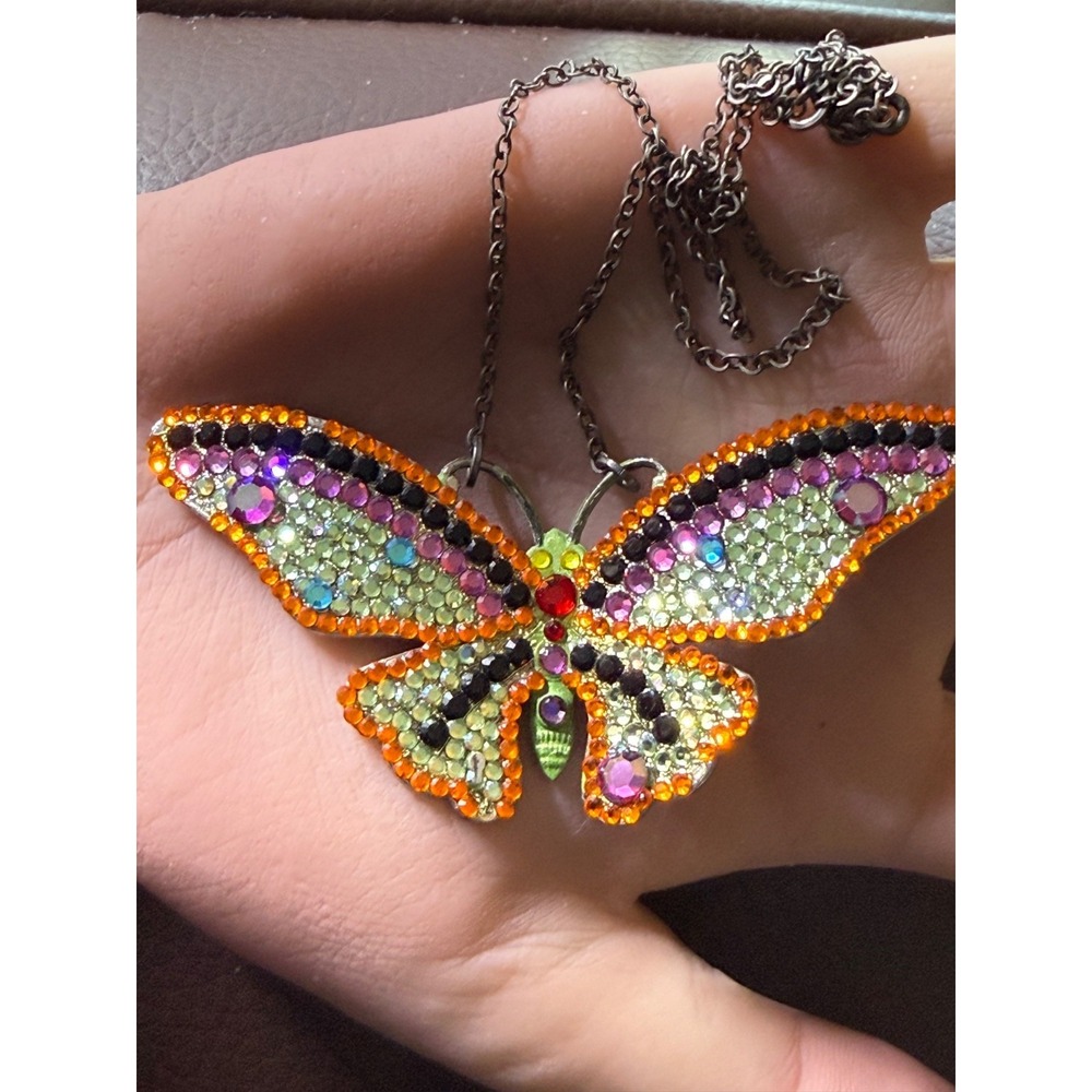 Vintage Multicolor Rhinestone Large Butterfly Necklace Sterling Silver 925 16"